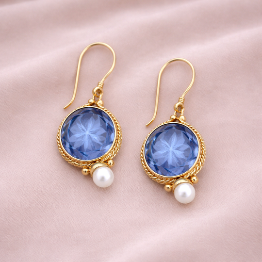 Blue Crystal & Pearl Drop Earrings | Amelia Bellrose Jewellery