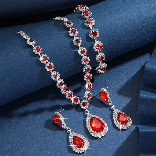 Floral Red Crystal Statement Jewellery Set Silver | Amelia Bellrose Jewellery