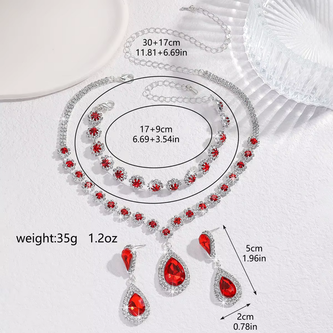 Floral Red Crystal Statement Jewellery Set Silver | Amelia Bellrose Jewellery