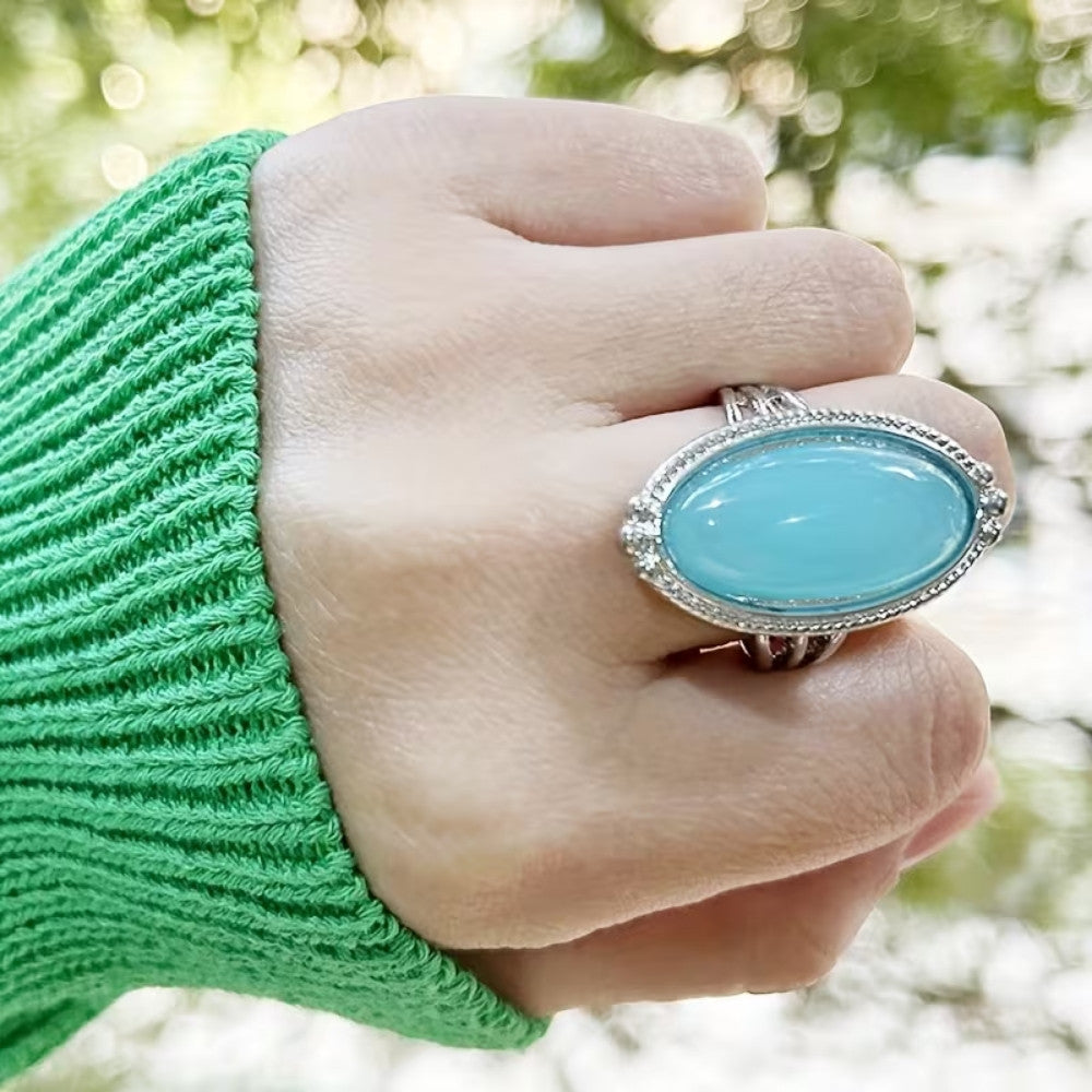 Aqua Cabochon Statement Ring Silver | Amelia Bellrose Jewellery