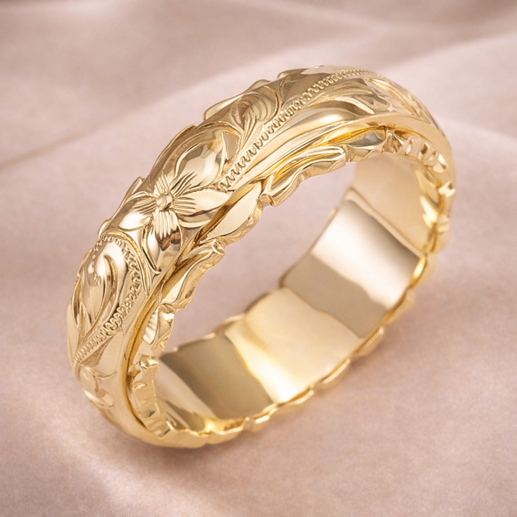 Floral Engraved Gold Band Ring | Amelia Bellrose Jewellery
