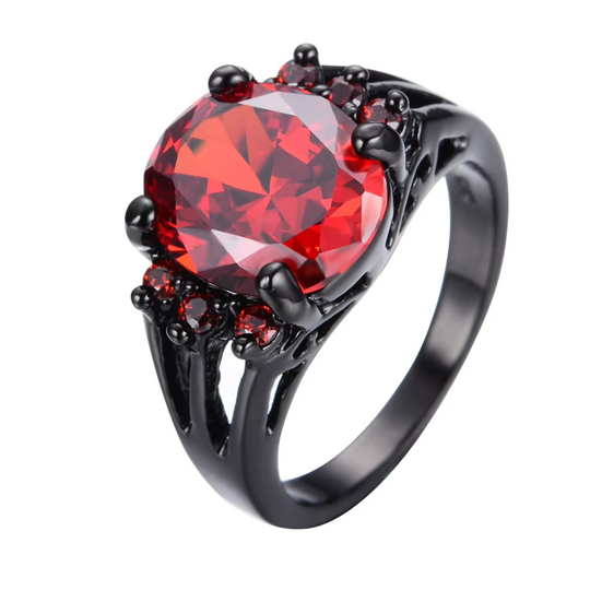 Red Crystal Gothic Ring Black | Amelia Bellrose Jewellery