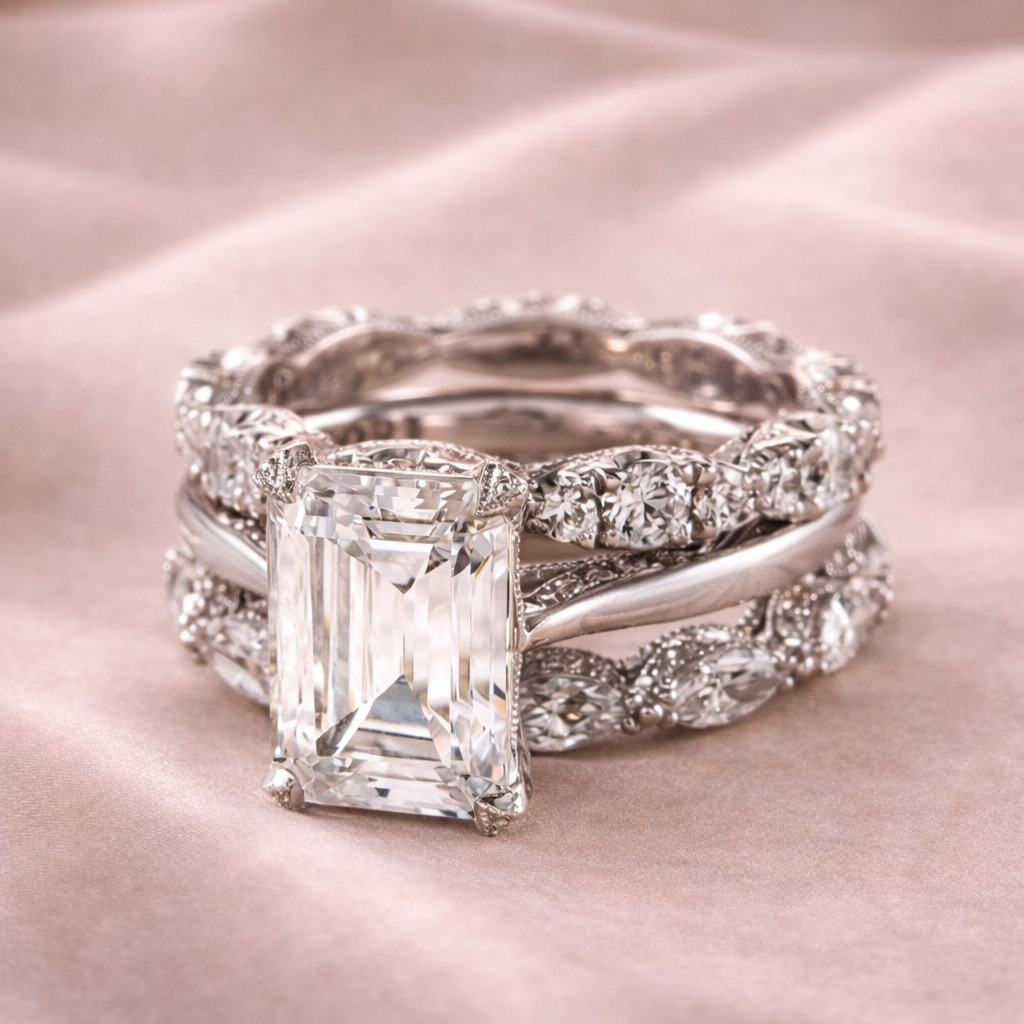 Emerald Cut Crystal Three-Band Ring Set | Amelia Bellrose Jewellery