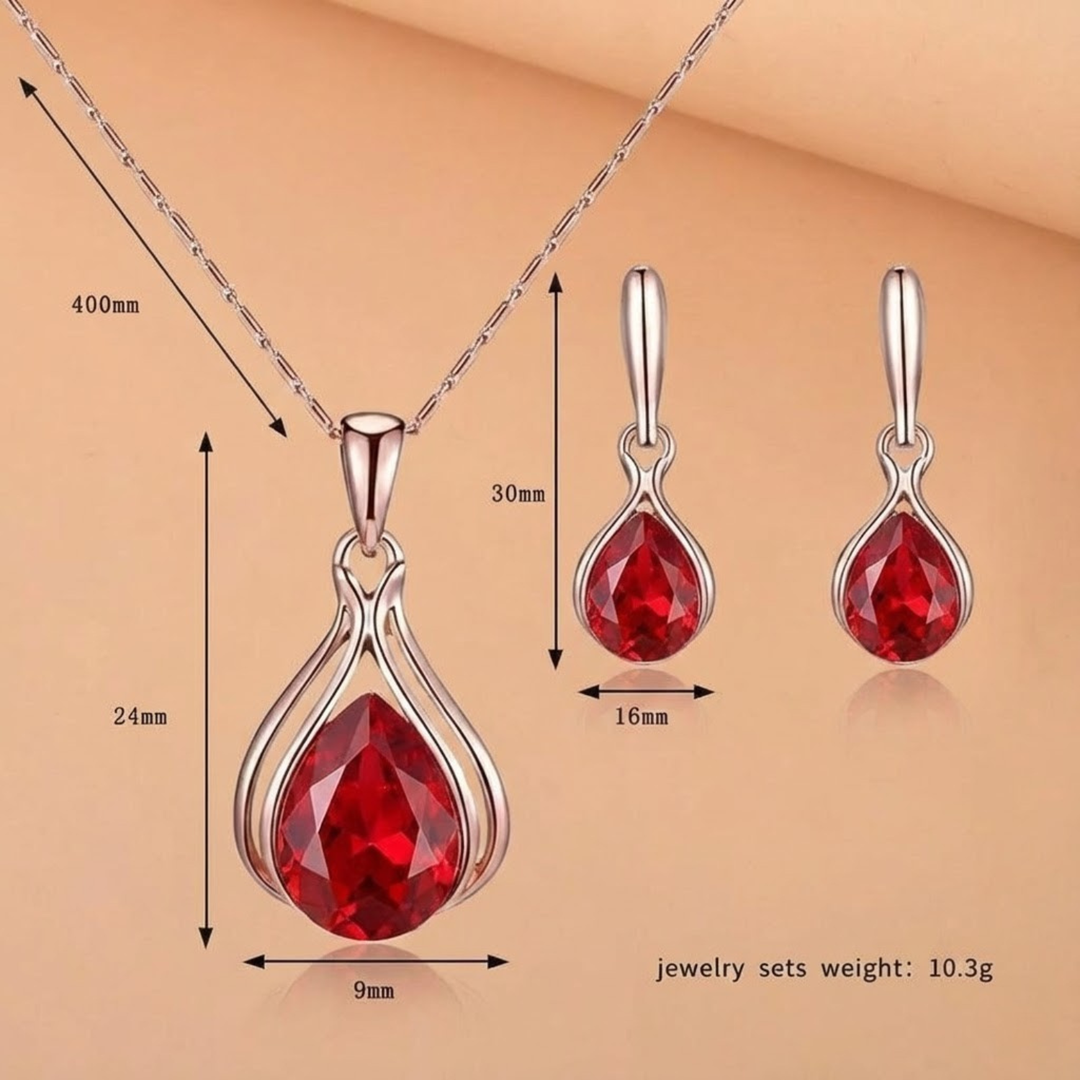 Red Crystal Drop Jewellery Set Rose Gold | Amelia Bellrose Jewellery
