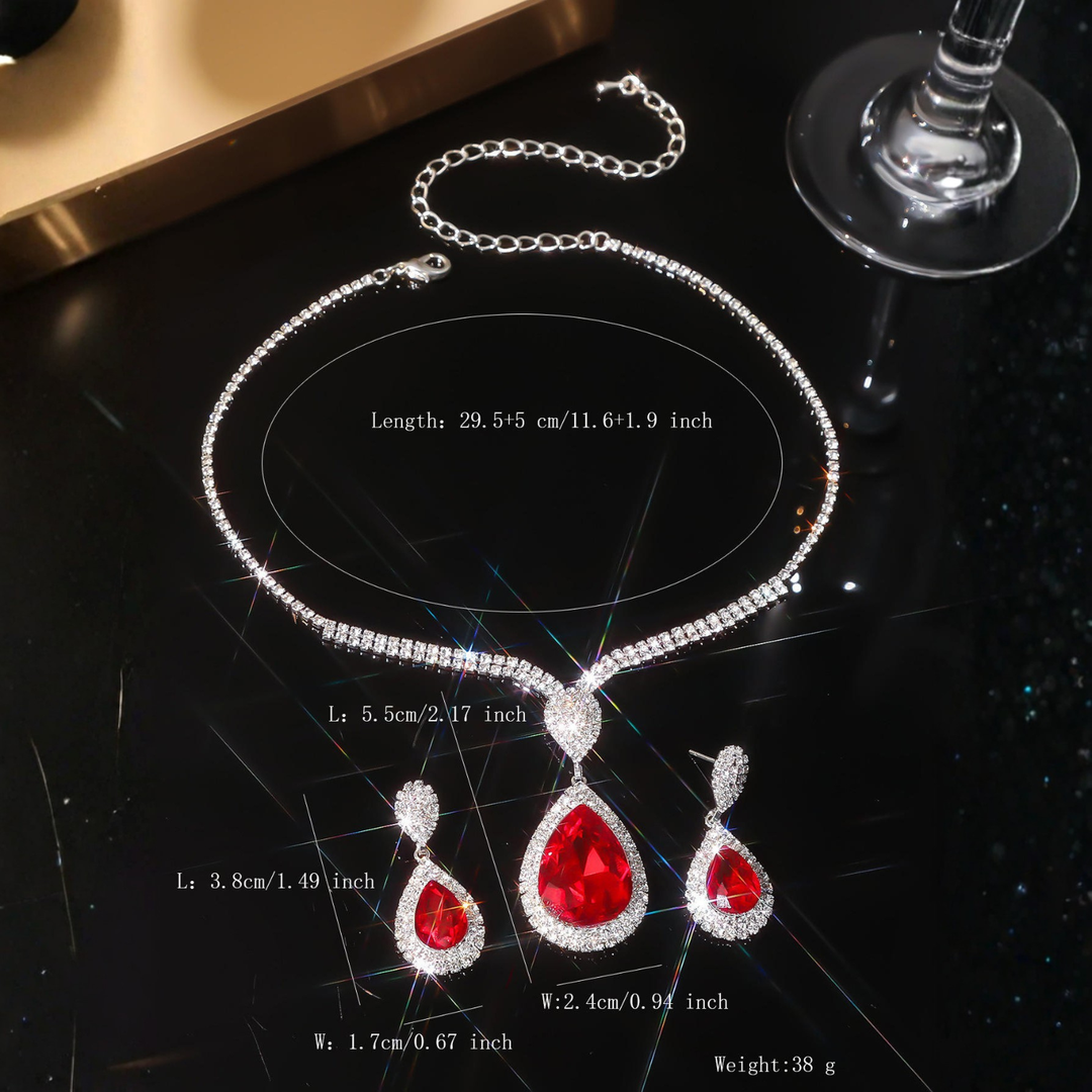 Teardrop Red Crystal Luxury Set Silver | Amelia Bellrose Jewellery
