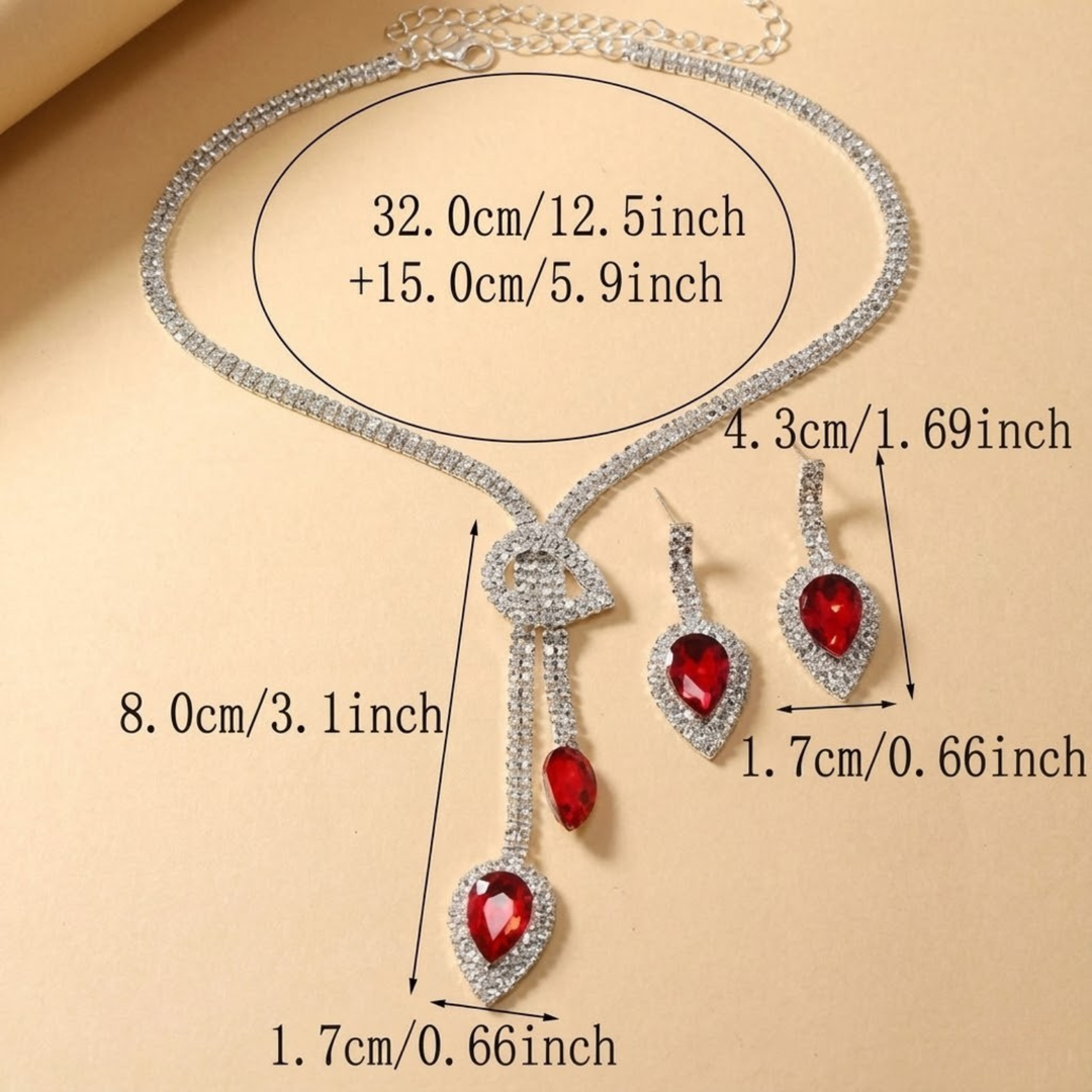 Heart Red Crystal Tassel Jewellery Set Silver | Amelia Bellrose Jewellery
