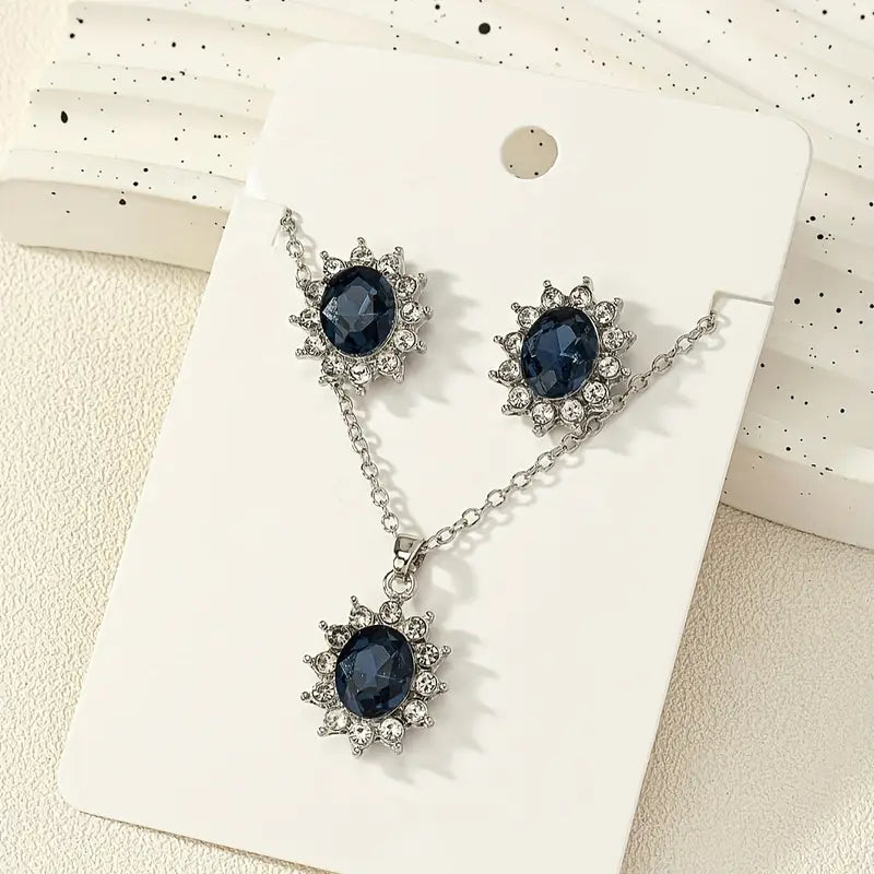 Oval Blue Crystal Floral Halo Jewellery Set | Amelia Bellrose Jewellery
