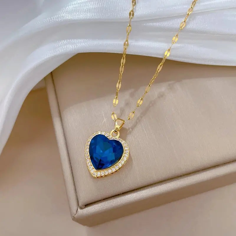 Blue Crystal Heart Halo Necklace | Amelia Bellrose Jewellery