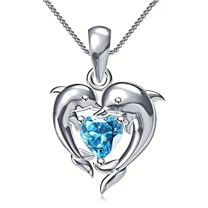 Blue Crystal Dolphin Heart Necklace | Amelia Bellrose Jewellery