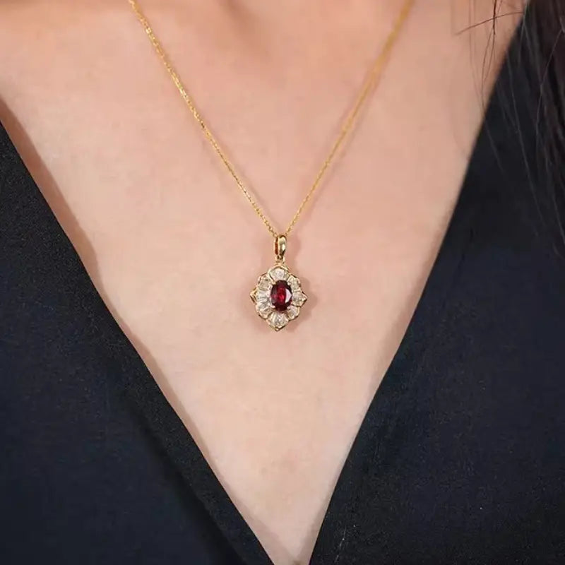 Floral Red Crystal Pendant Necklace Gold | Amelia Bellrose Jewellery