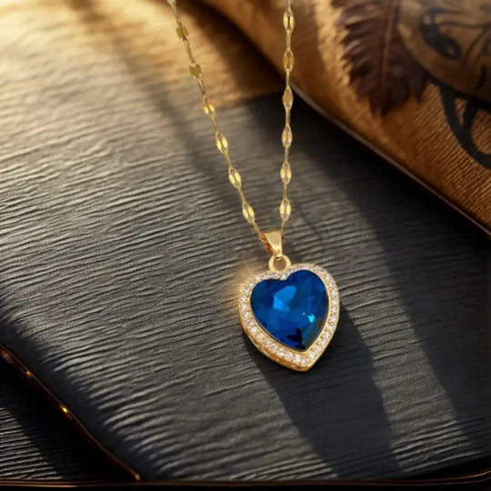 Blue Crystal Heart Halo Necklace | Amelia Bellrose Jewellery
