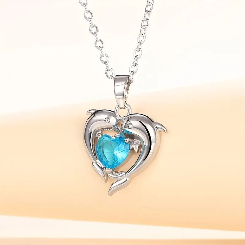 Blue Crystal Dolphin Heart Necklace | Amelia Bellrose Jewellery