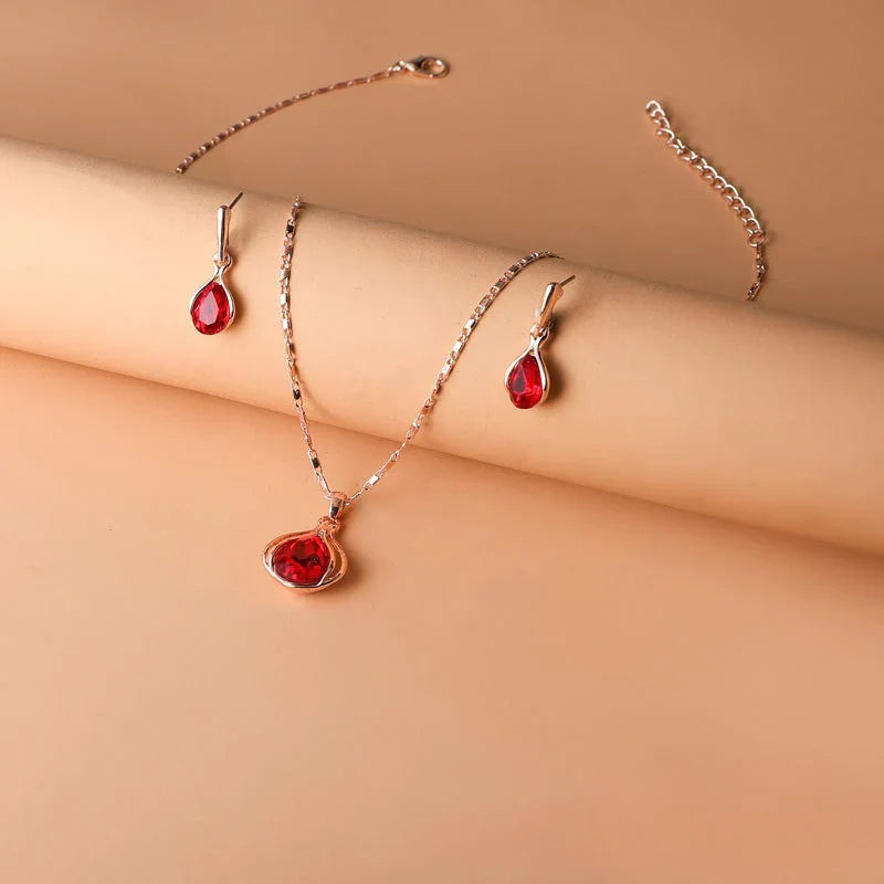 Red Crystal Drop Jewellery Set Rose Gold | Amelia Bellrose Jewellery