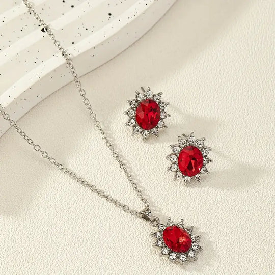 Oval Red Crystal Floral Halo Set Silver | Amelia Bellrose Jewellery