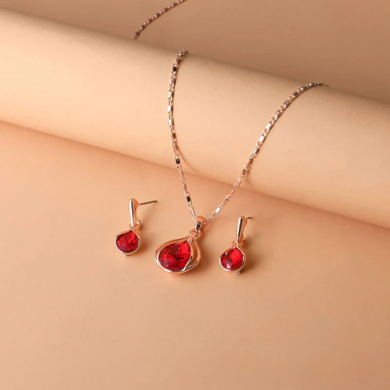 Red Crystal Drop Jewellery Set Rose Gold | Amelia Bellrose Jewellery