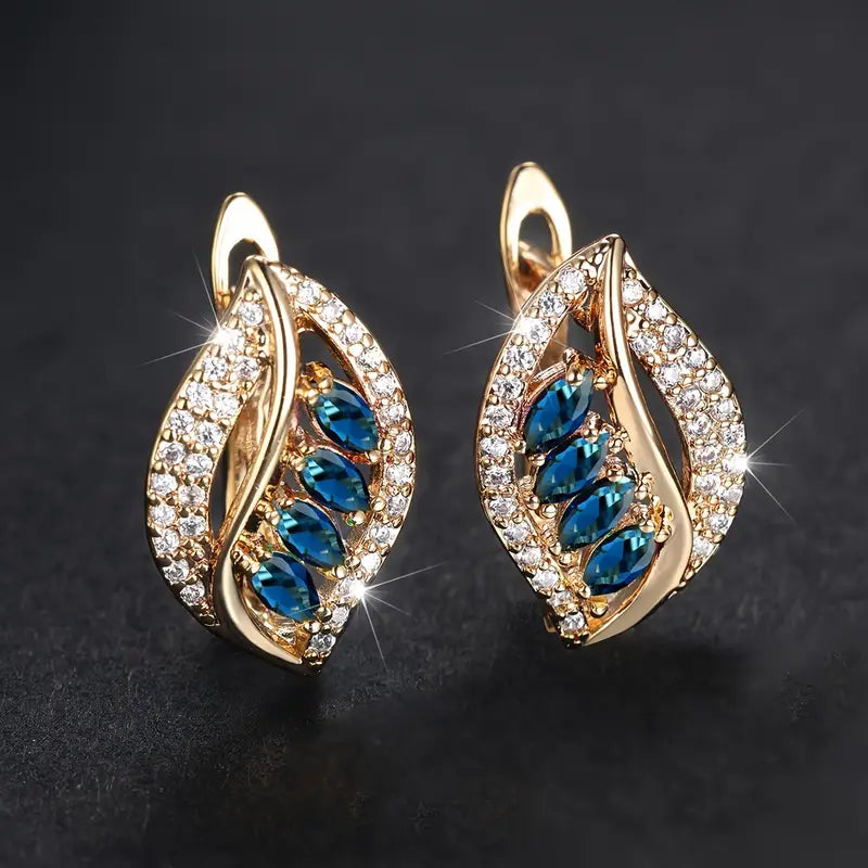 Blue Crystal Leaf Twist Hoop Earrings | Amelia Bellrose Jewellery