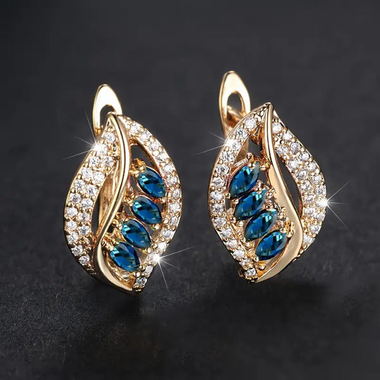 Blue Crystal Leaf Twist Hoop Earrings | Amelia Bellrose Jewellery