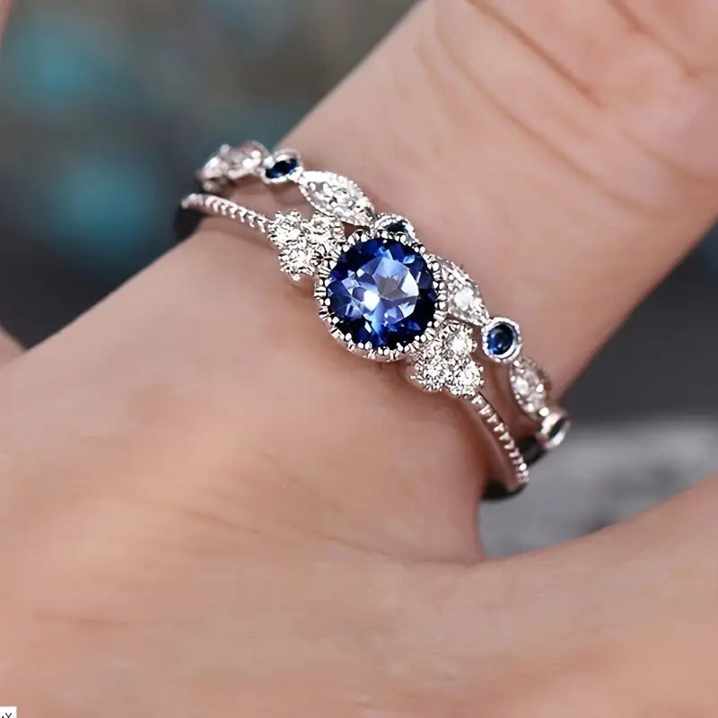 Blue Crystal Vintage Halo Ring Set | Amelia Bellrose Jewellery