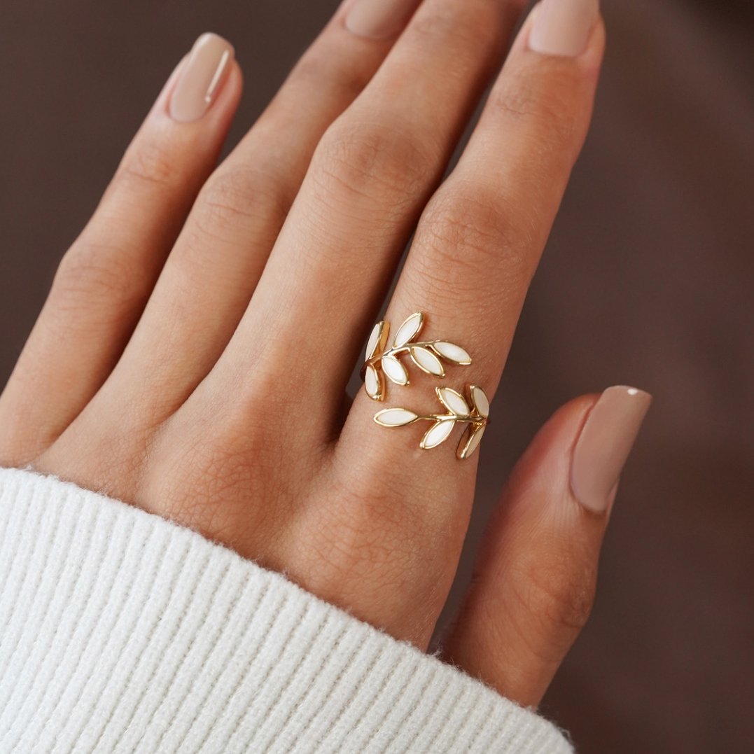 Mother-of-Pearl Leaf Gold Ring | Amelia Bellrose Jewellery