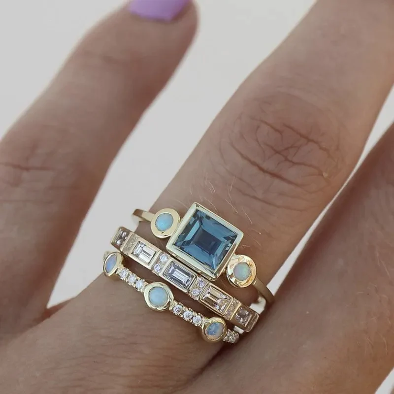 Blue Emerald-Cut Crystal Layered Gold Ring | Amelia Bellrose Jewellery