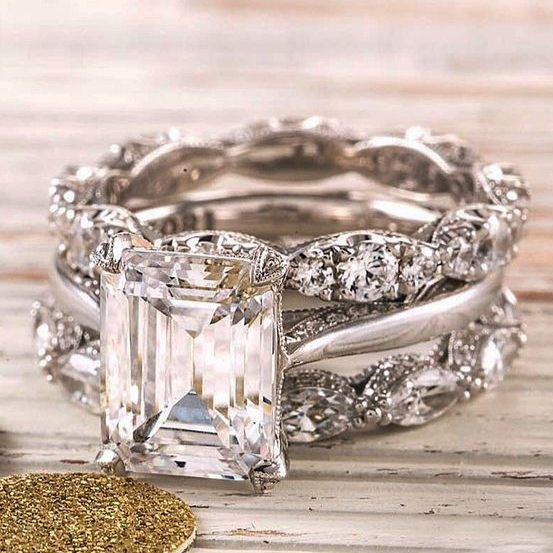 Emerald Cut Crystal Three-Band Ring Set | Amelia Bellrose Jewellery