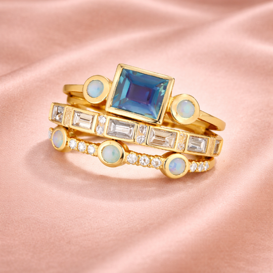 Blue Emerald-Cut Crystal Layered Gold Ring | Amelia Bellrose Jewellery