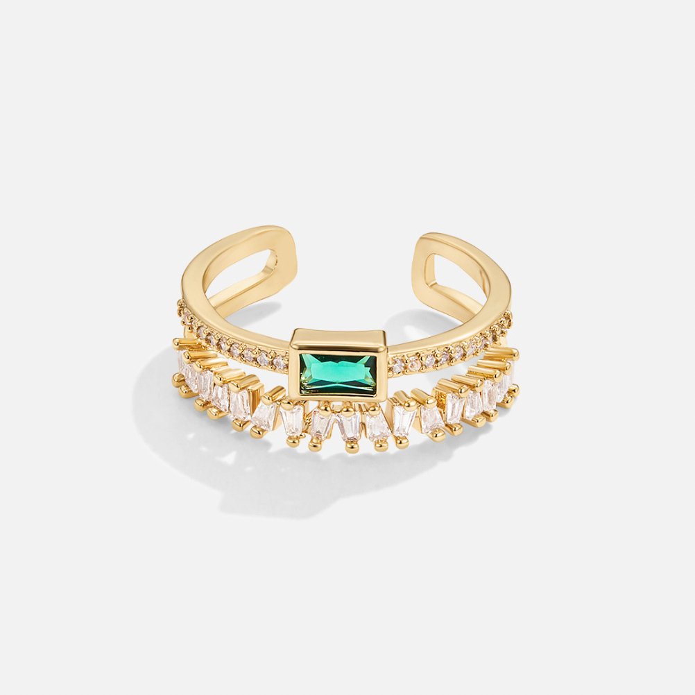 Green Baguette Crystal Multi-Band Gold Ring | Amelia Bellrose Jewellery