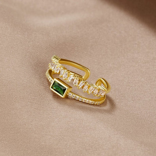 Green Baguette Crystal Multi-Band Gold Ring | Amelia Bellrose Jewellery