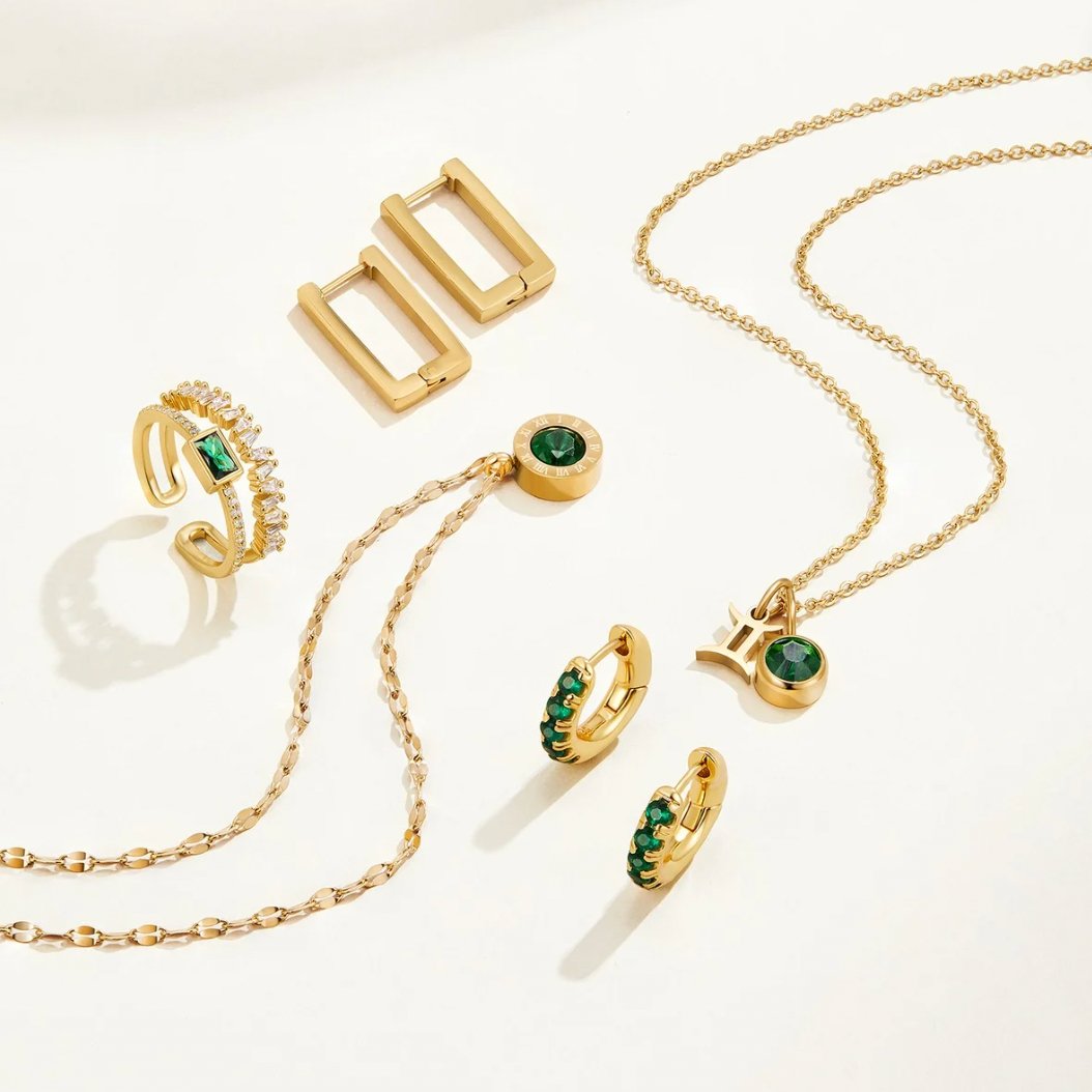 Green Baguette Crystal Multi-Band Gold Ring | Amelia Bellrose Jewellery
