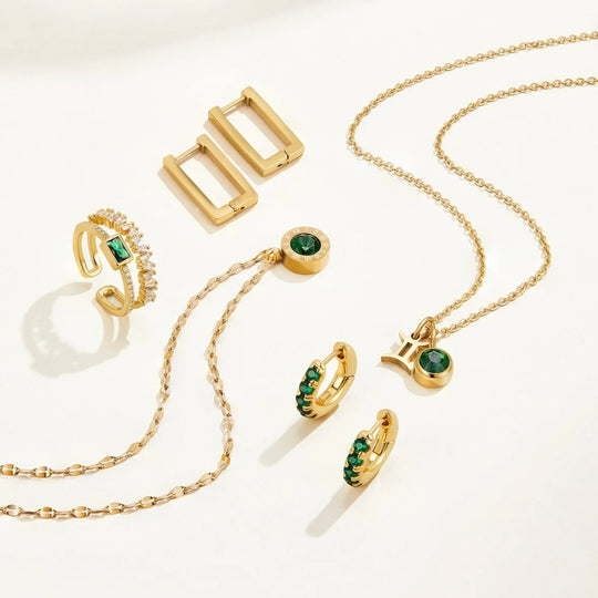 Green Baguette Crystal Multi-Band Gold Ring | Amelia Bellrose Jewellery