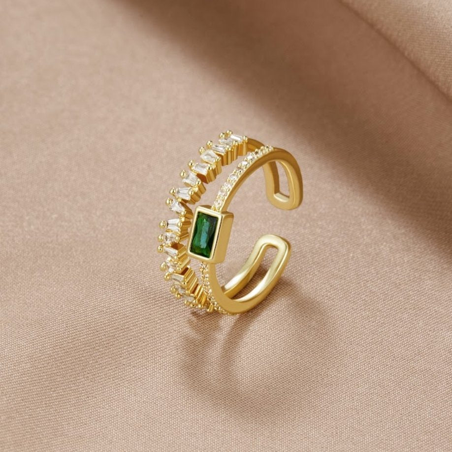 Green Baguette Crystal Multi-Band Gold Ring | Amelia Bellrose Jewellery