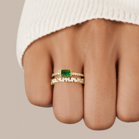Green Baguette Crystal Multi-Band Gold Ring | Amelia Bellrose Jewellery