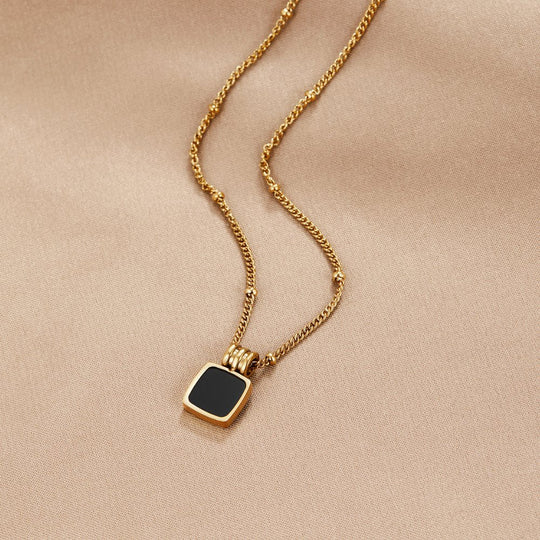 Black Square Pendant Gold Chain Necklace | Amelia Bellrose Jewellery