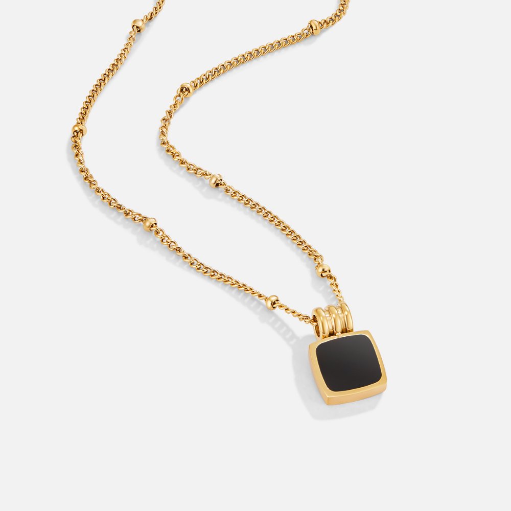 Black Square Pendant Gold Chain Necklace | Amelia Bellrose Jewellery