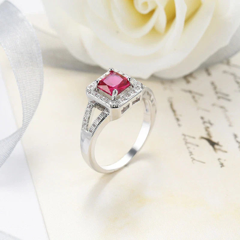 Square Red Crystal Halo Ring Silver | Amelia Bellrose Jewellery