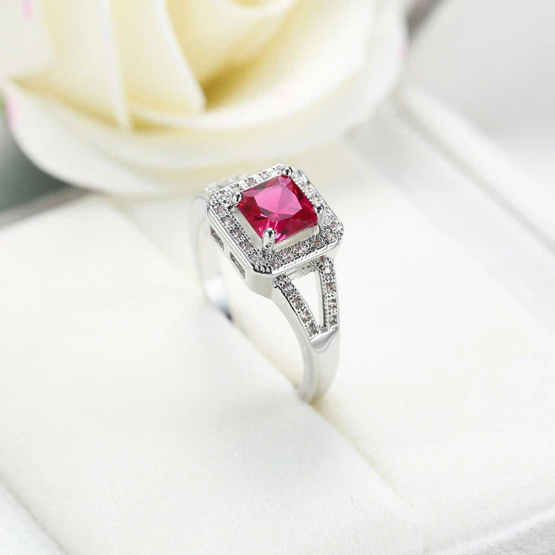 Square Red Crystal Halo Ring Silver | Amelia Bellrose Jewellery