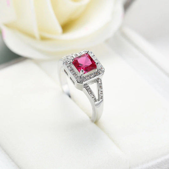 Square Red Crystal Halo Ring Silver | Amelia Bellrose Jewellery